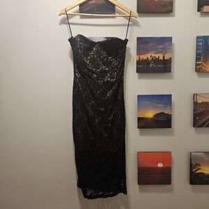 Midi Lucca Couture Black Strapless Lace Dress